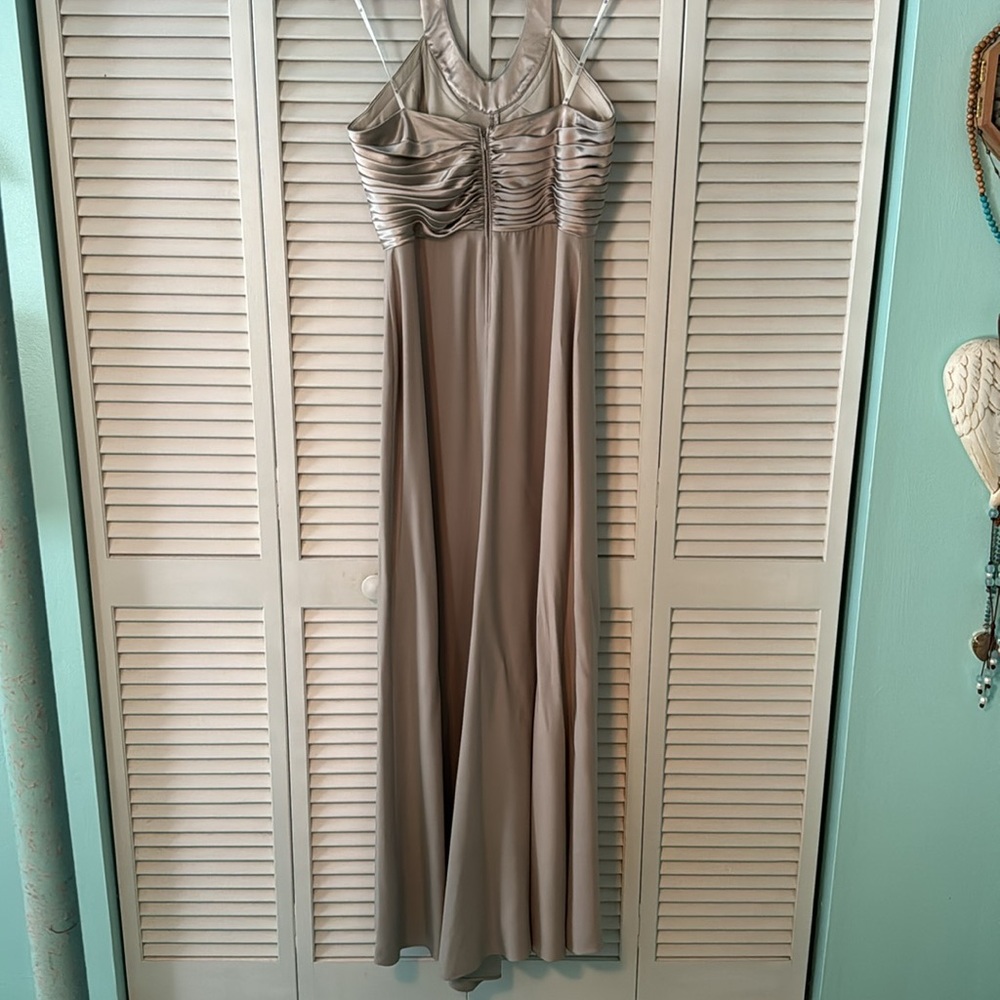 Tadasha brand full length split in front Taupe color formal gown. Size 14 - Picture 5 of 10